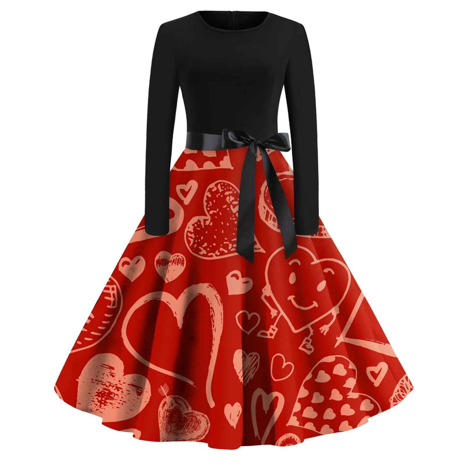 

Жіноча вінтажна вечірня сукня домогосподарки з принтом на День Святого Валентина з довгим рукавом XXL червоний