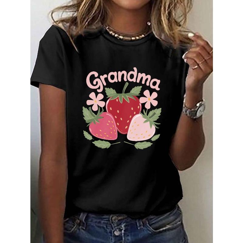 Women s Strawberries Flowers GRANDMA Print T-Shirt Crew Neck Short Sleeve Summer Spring Top S чёрный
