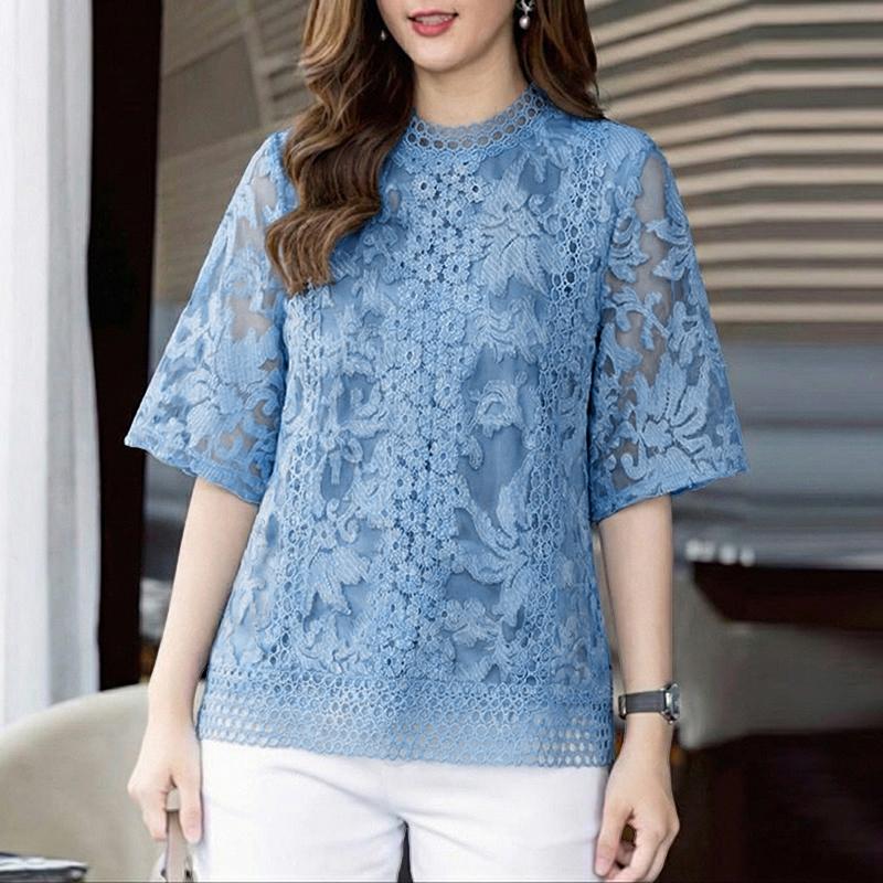 ZANZEA Women Casual Stand Collar Half Sleeve Lace Embroidery Patchwork Blouse