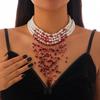 Goth Vintage Red Blood Imitation Pearl Chain Necklace for Women Long Tassel Crystal Beads Pendant Halloween Party Jewelry