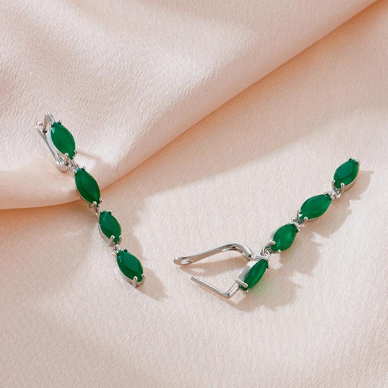 Gładkie srebrne kolczyki w kolorze szmaragdowo-zielonym z cyrkonią i frędzlami dla kobiet biżuteria ślubna w stylu vintage