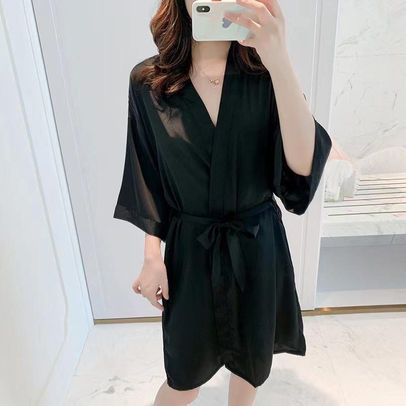 Women's Ice Silk Satin V-Neck Pajama Set - Three-Piece with Spaghetti Straps, Shorts, Robe, and Breast Pads