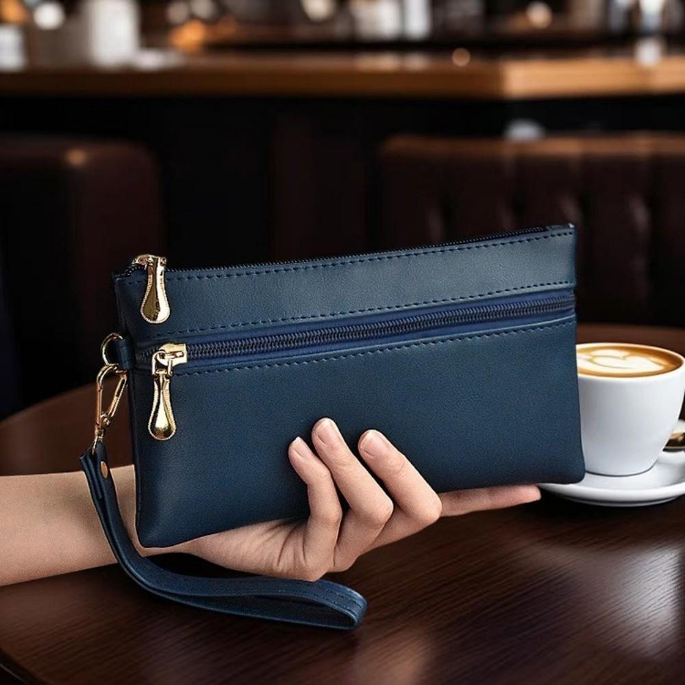 PU Leather Women's Long Wallet Soft Large Capacity Zipper Clutch Purse Multifunctional Wrist Strap Coin Purse Billfold Handbag