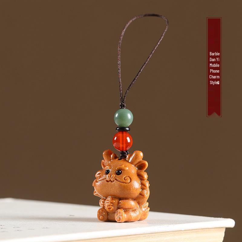 Exquisite Dragon Year Green Sandalwood Keyring & Phone Chain Pendant