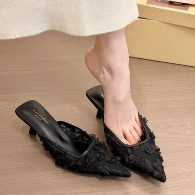 Fashion Embroidery Woman's Cotton Fabric Mules Slippers Luxury Fashion Elegant Pointed Toe Slides Shoes Ladies Dress Flats Sandalias