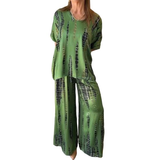 Zweiteiliges Set für Damen in Übergröße, Sommer, lässig, Rundhalsausschnitt, Kurzarm, Oberteil, weites Bein, Hose, Set, lockeres Outfit für Frühling, Sommer, Herbst