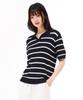 CHASECULT Women'S Striped Open Collar Short Sleeve Sweater - Navy