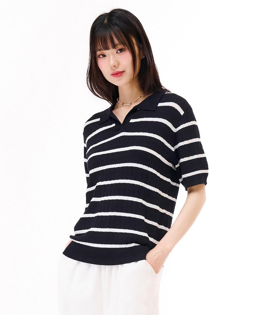 CHASECULT Women'S Striped Open Collar Short Sleeve Sweater - Navy