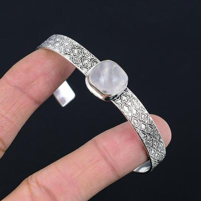 Natural Rose Quartz Gemstone Bangle Adjustable 925 Sterling Silver For Women