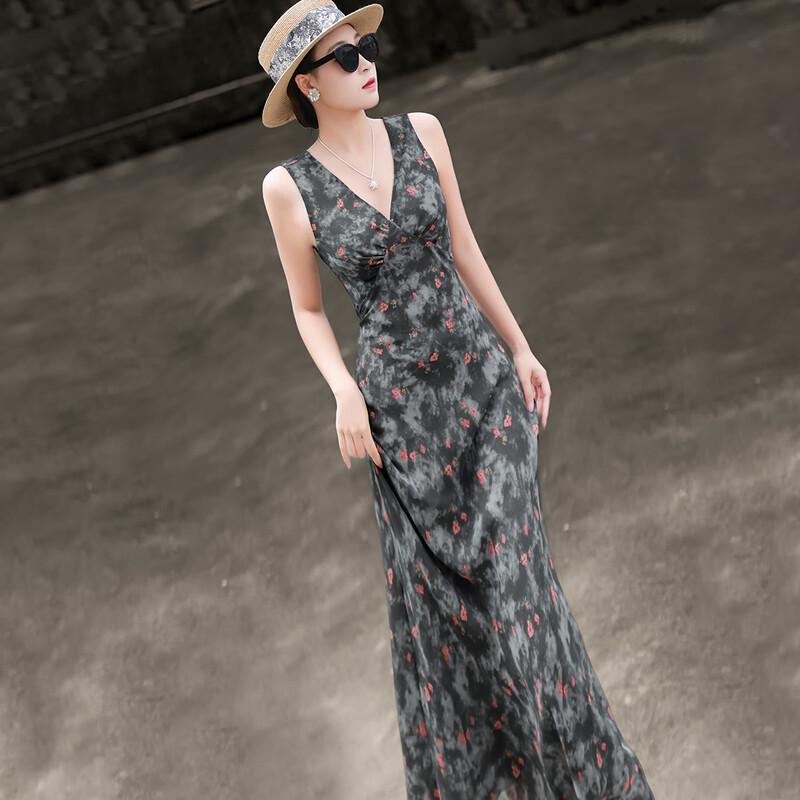 Lancer 2026 Summer Elegant V-neck Printed Sleeveless Dress M