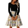 Rochie Retro cu Imprimeu de Crăciun, Casual, de Modă pentru Femei, cu Gât Rotund, Mâneci Lungi