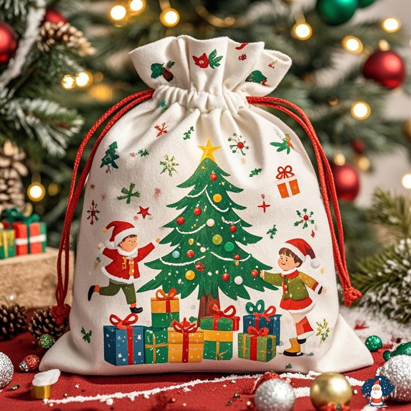 Christmas Large Canvas Drawstring Pocket Apple Large Gift Holiday Wrapping Gift Cotton Storage Bag