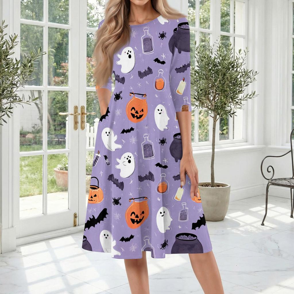 Women's Halloween Print Casual Fashion Round Neck Three Quarter Sleeve Mid Length Dress with Pockets Comfortable Fit