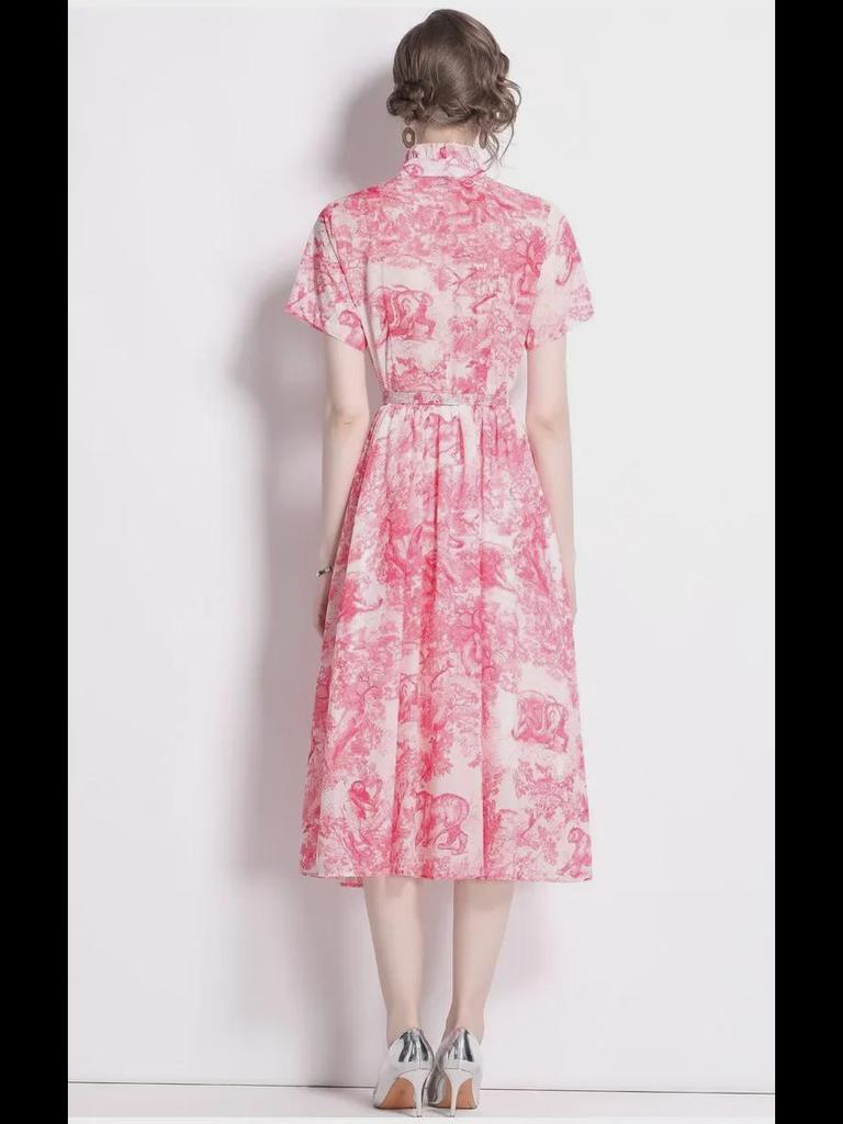 Butterfly Ink Print Slim Fit Swing Dress - Blue & White, Summer 2024