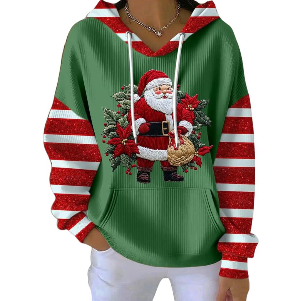 Women's Loose And Comfortable Drawstring V-neck Long Sleeved Christmas Print Hoodie