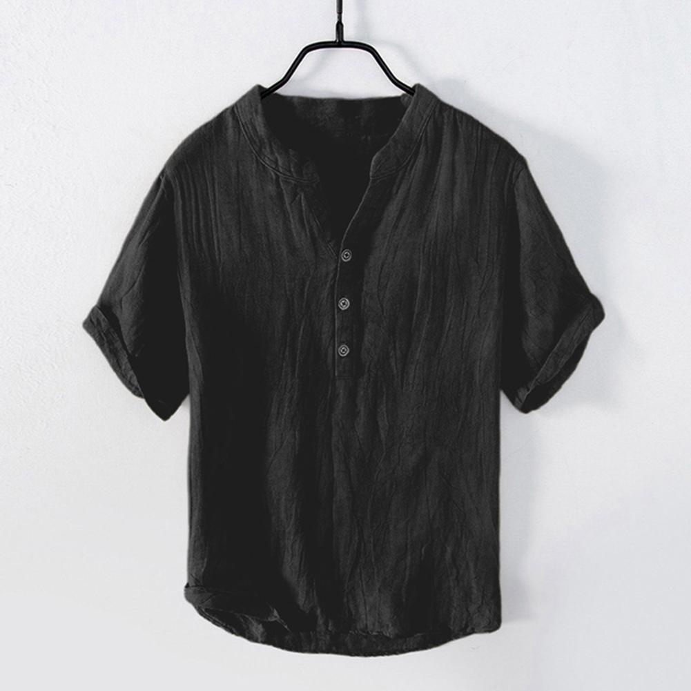 Camicia Casual Estiva da Uomo a Maniche Corte, Girocollo, Monocolore, in Cotone e Lino