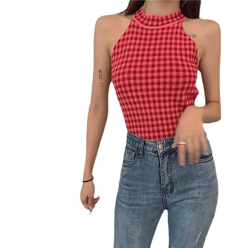 Letní síťový nový jahodový tisíc ptáků kostkovaný dámský letní sexy roztomilý krátký ohlávkový top vesta postroj