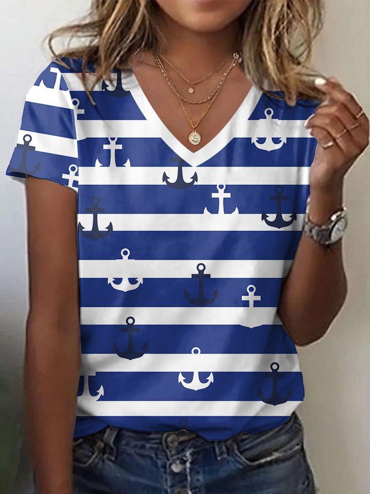 Neue Ankerstreifen 3D-Druck T-Shirts Damen Kurzarm V-Ausschnitt T-Shirt Lässige Tops Y2k Harajuku T-Shirts Streetwear Damenbekleidung