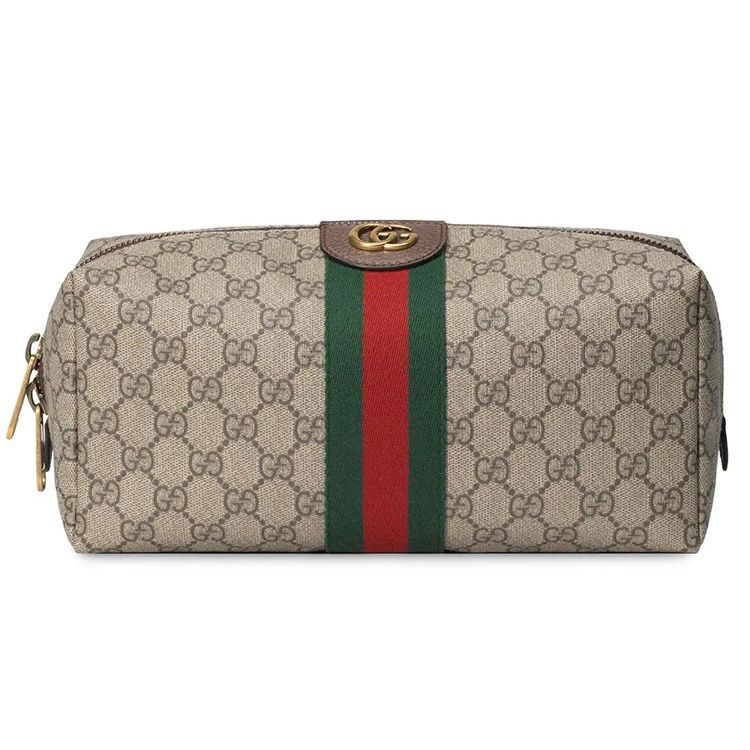 Gucci GG Canvas Leather Web Stripe Toiletry Pouch Beige Brown Daily Travel 572767-9IK3T-8745 Basic Set (Bag+Dust Bag)