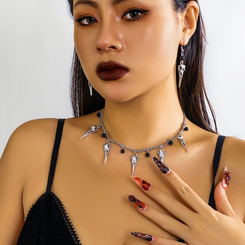 Gothic Choker Earrings Punk Skull Pendant Necklace and Earrings Set Jewelry