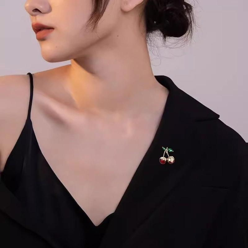 Versatile  Cherry Brooch Accessory Eye Catching Green Zircon Cherry Jewelry Pin Charm for Casual and Formal Attire