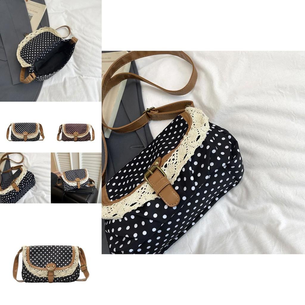 Small Square Polyester Crossbody Bag With Wave Point Design And Lace Decor For Street Fashion