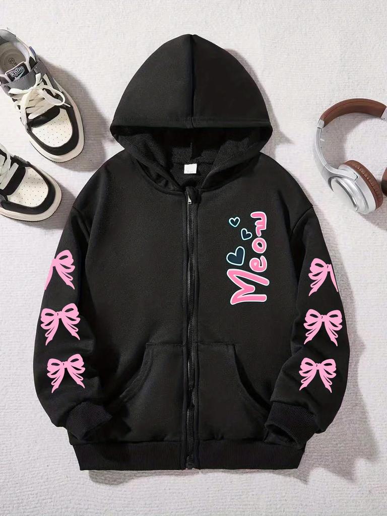 Girls Zip Up Hooded Jacket Pink Bow Meow Heart Letter Print Long Sleeve Casual Kids Hoodie For Daily Outdoor Wear