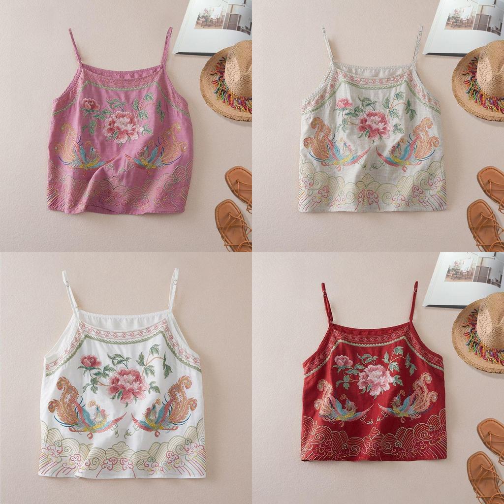 Cotton Linen Embroidered Vintage Sleeveless Tank Top For Women Summer Casual Wear