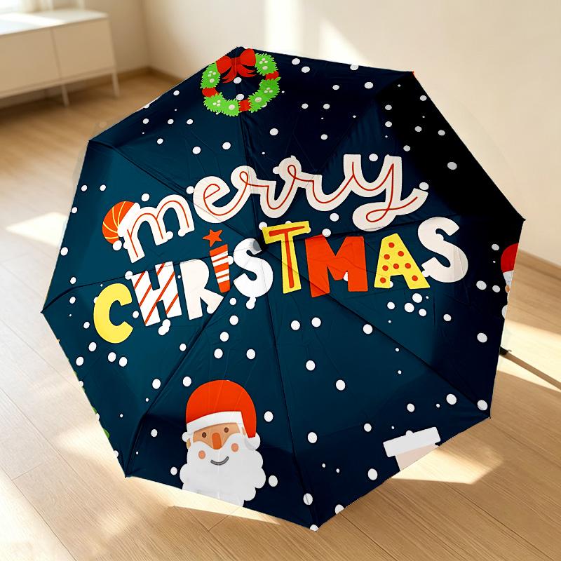 Christmas Greetings 8 Ribs 3Fold Black Glue Uv Protection Umbrella Sun Protection Rainproof Compact Folding Umbrella For Travel Daily Use C923440