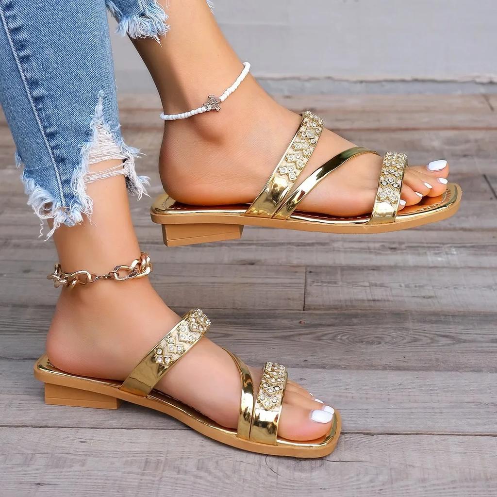 Large Size Rhinestone Square Heel One-line Sandals Summer New Solid Color Casual Outer Wear Beach Sandals/Slippers for Women