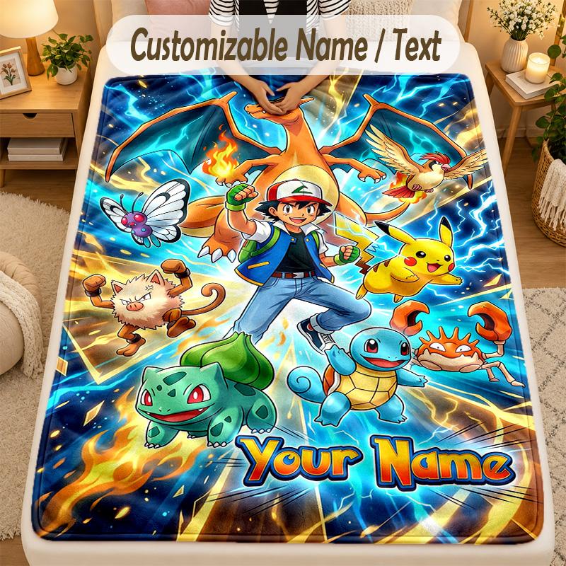 Flannel BlanketPokémon Custom Name Text Personalized Soft Warm Throw Blanket Home Decor Gift
