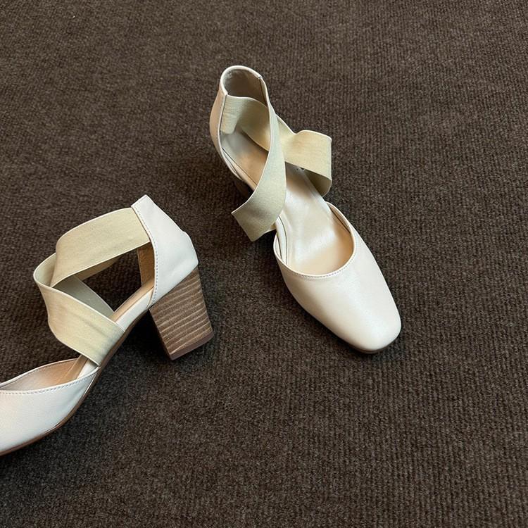 Easy To Wear Version~ New Retro Versatile Ballet High Heels Children Thick Heel Cross Belt Hollow Casual Bag Head Single Shoes