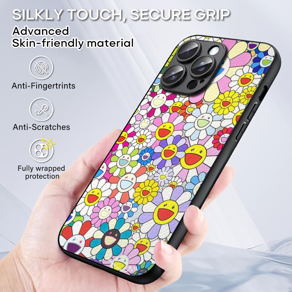 Sunflower Japan Painting M-Murakami Art Phone Case For iPhone 16 15 14 13 12 11 Plus Pro Max Limited Black Hard Case Sheepskin
