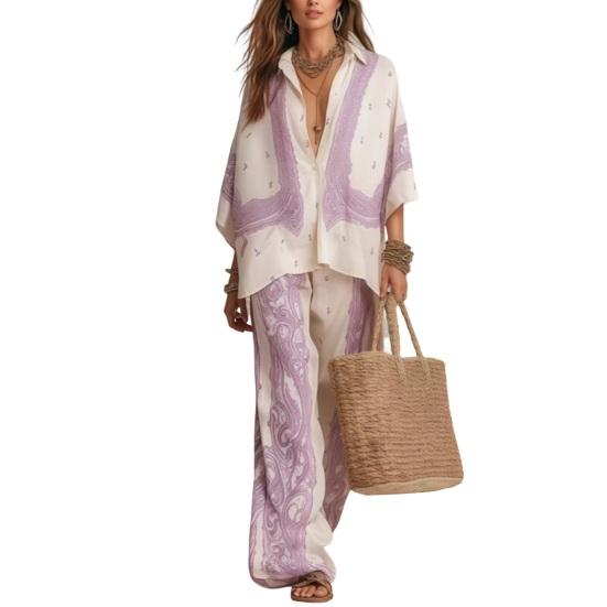 Women s Boho Cotton Linen 2 Piece Sets 46085 Sleeve Printed Shirts And Wide S