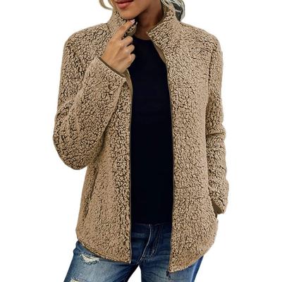 Einfarbige, langärmlige Damen-Plüschjacke mit Stehkragen und Reißverschluss