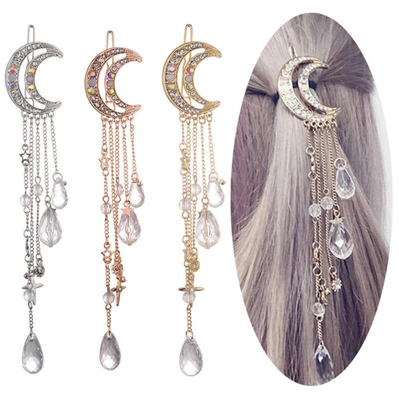 Women's crescent moon and star tassel hair clip, rhinestone and crystal moon and star girly side clip