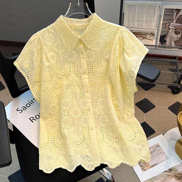 Elegant European Summer Design Sense Small Hollow Out Embroidery Collar Top Versatile Match Korean Style Loose Fit