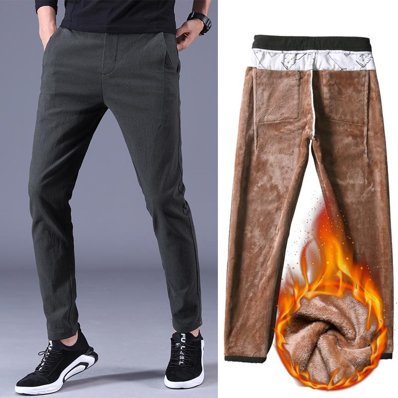 Winter Men 'S Warm Slim Casual Pants Thickening Fleece Skinny Stretch Trousers Black Gray Male Brand Clothes