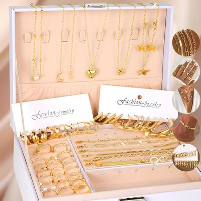 Conjunto de 58 peças de joias de metal banhado a ouro com mix máximo, colar, brincos de argola, anéis, pulseiras para mulheres, acessórios, sem caixa incluída