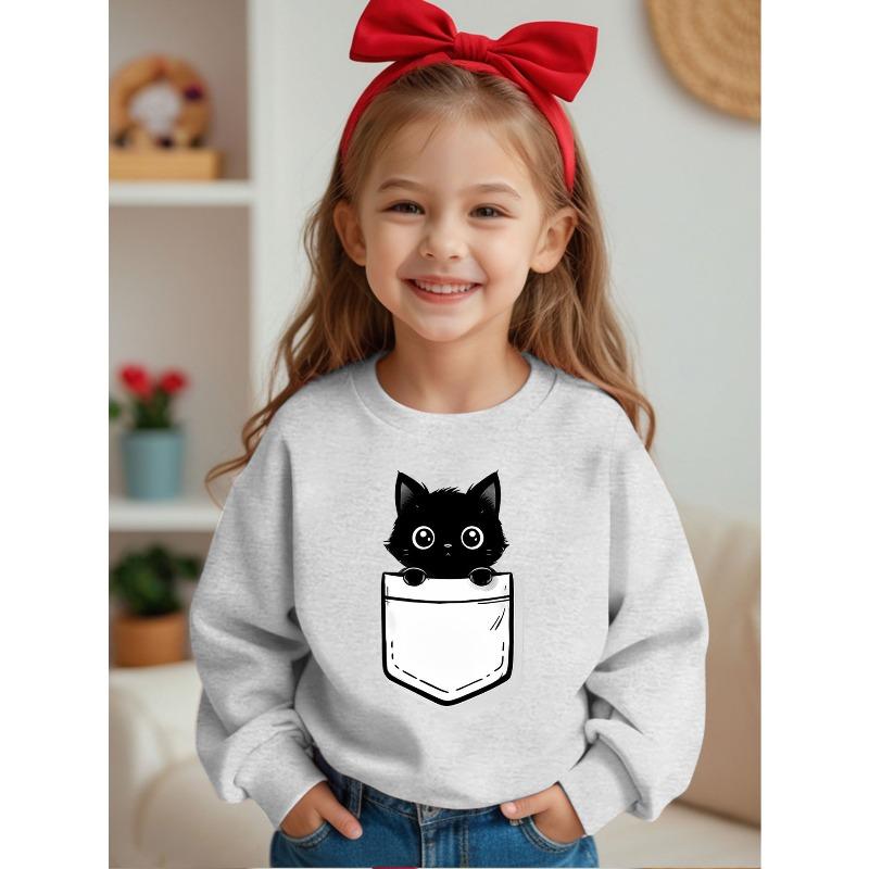 European sizes Comfortable Kids' Crewneck Sweatshirt - Casual Round Neck Design, Fun Black Cat Pocket Print, Soft Fabric