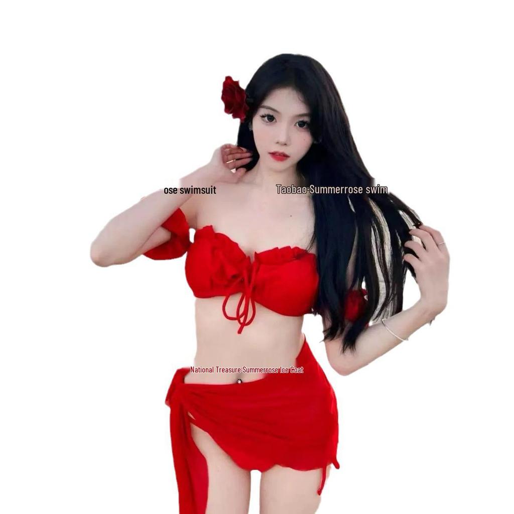 Mosricci Retro Red Bikini: Europe & US Celebrity Style, Sexy Two-Piece Swimsuit with Chest Pads for Women.
