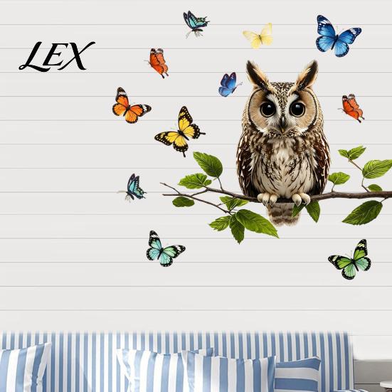 Decorative Party Window Sticker Owl Butterfly Wall Sticker, Forest Animal Illustration Decals, Nature Inspired Balcony Glass Decor Waterproof