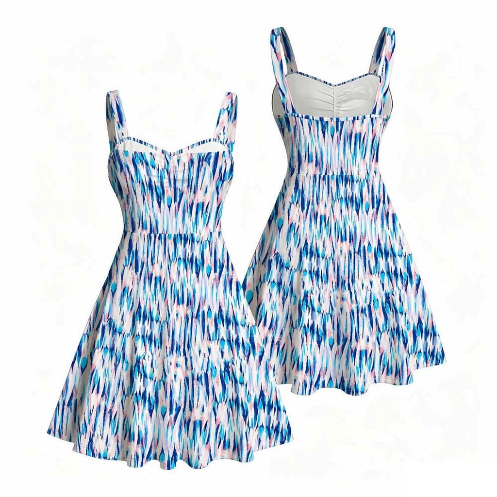 Women Plus Size White Purple Printed Sleeveless Strappy Dress Square Neck Fitted Waist Flared Hem