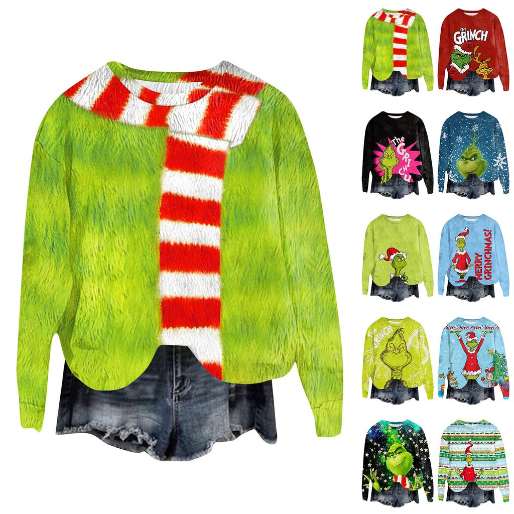 Women's Fashion Round Neck Pullover Top Long Sleeve Tee Christmas Printed Sweatshirt