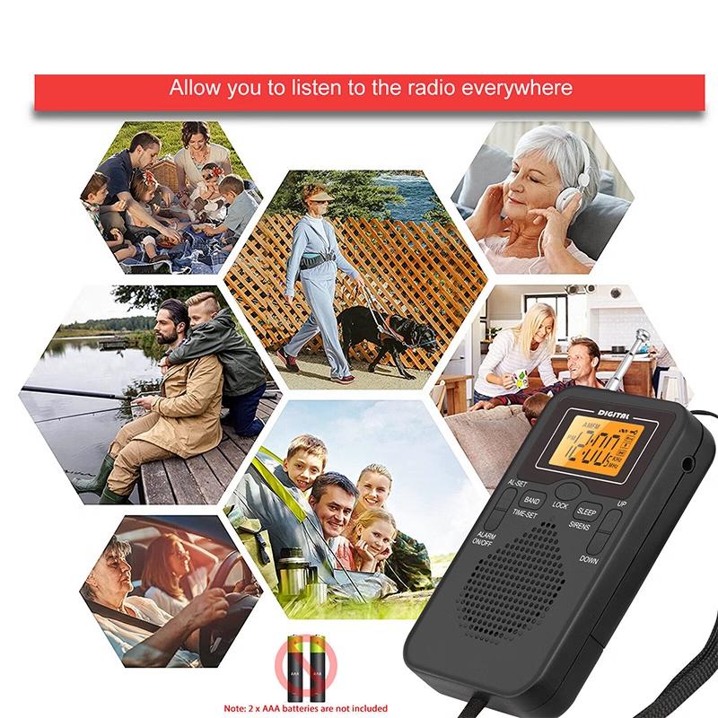 Radio portabil AM/FM de buzunar cu efect de recepție bun, radio digital cu 2 benzi, difuzor pentru afișaj, mufă pentru căști, ceas cu alarmă