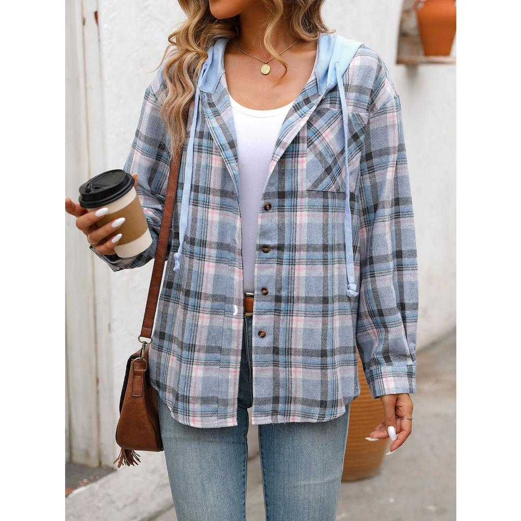 Autumn Winter New Women's Fashion Casual Plaid Colorblock Hooded Shirt Jacket