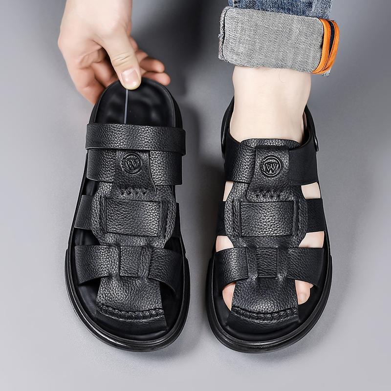 Men Black Hiking Sandals Slippers Handmade Simple Summer Brown Roman Sandals Close Toe Beach Shoes Plus Size