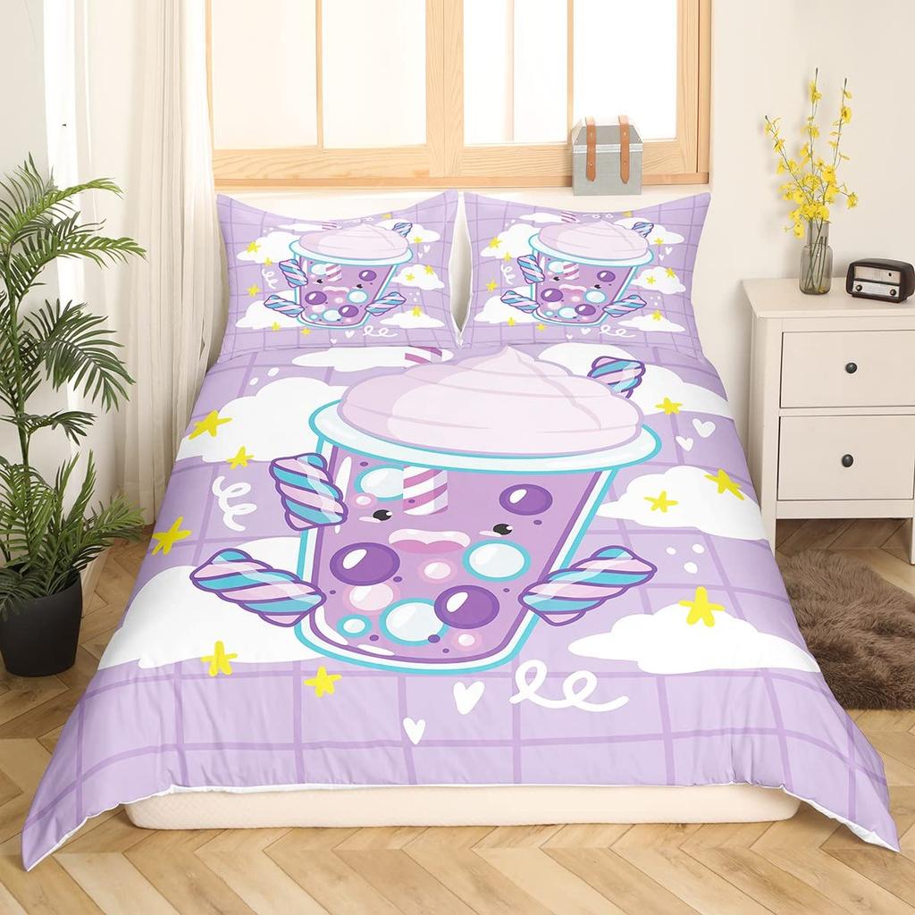 Cartoon Milk Tea Duvet Cover for Kids Teens Lightweight Quilt Covers Bedroom Decor Afternoon Tea Themed Bedspread Cover No Quilt