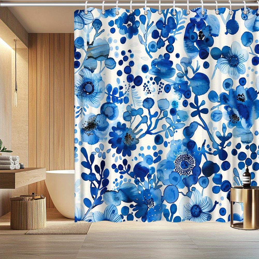 1Pcs Shower Curtain Polyester Blue Floral Watercolor Print Waterproof Bathroom Decor Modern Home Textile 2D Flat Printing