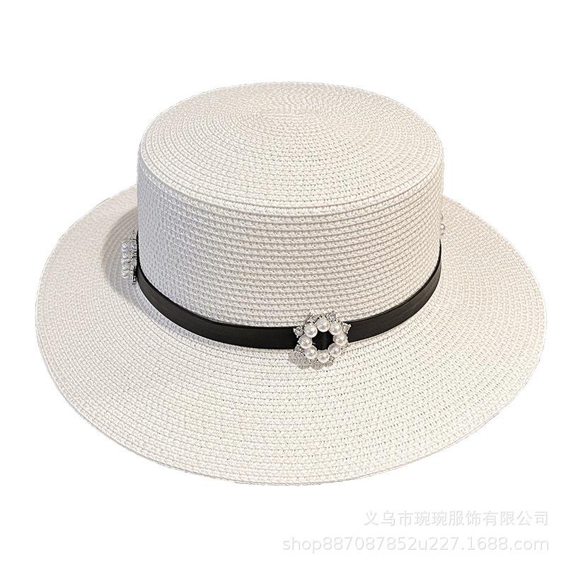 Spring New Straw Hat Women's Rhinestone Belt Removable Sunscreen Travel Seaside Vacation Straw Shading Sun Hat
